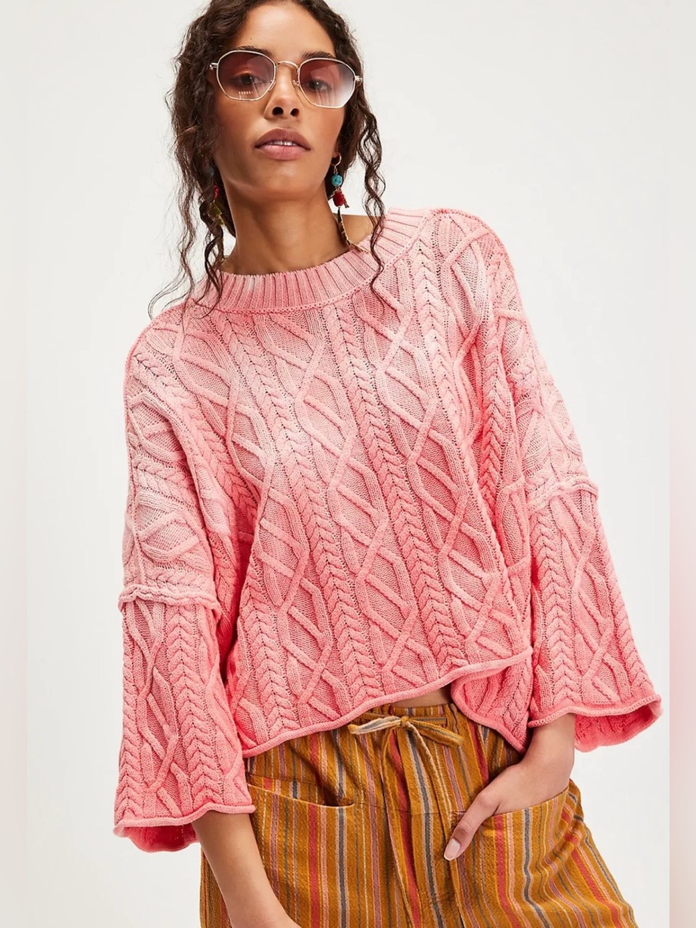 NWT Free People XS Washed Ashore Cable Knit Sweater in Pink Rose New Oversized - Picture 1 of 5